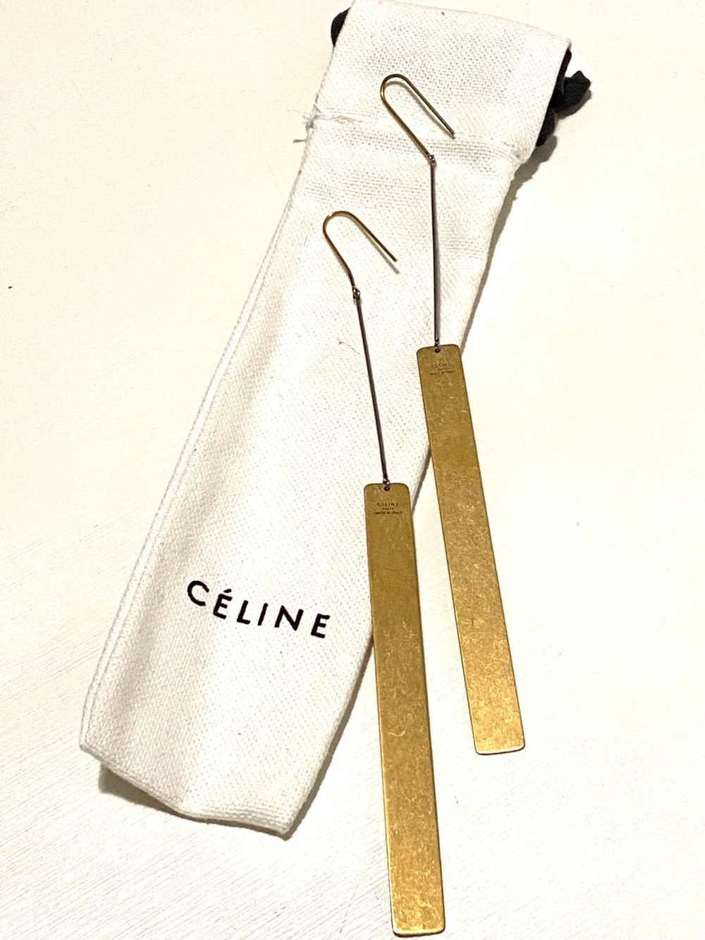 Celine Gold Long Rectangular Drop Earrings